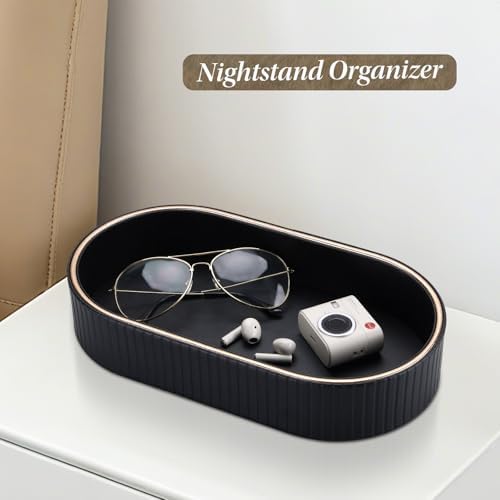 GORESE PU Leather Valet Tray Nightstand Organizer, Oval Perfume Trays Key Bowl Jewelry Dish for Bedside Dresser Entryway Table, Vanity Tray for Bathroom, EDC Trays for Men Women, 11×5.9 in, Black - Image 2