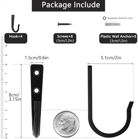 4Pcs Wall Hooks for Hanging Coat/Towel - 50LB Screw in Metal Hanger Wall Mount, for Outdoor, Closet, Door, Bathrooms, for Backpack, Robe - Image 2