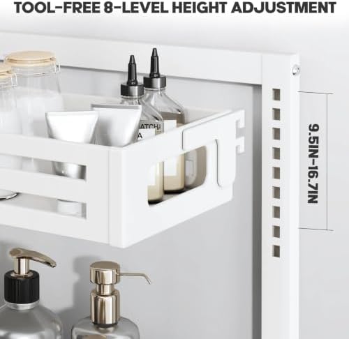 2 Pack Under Sink Organizer,Pull Out Cabinet Organizer With Smooth Cylindrical Rail,Metal Slide Out Drawer for Kitchen Bathroom Laundry Cabinet,8-Level Tool Free Height Adjustable-White - Image 3