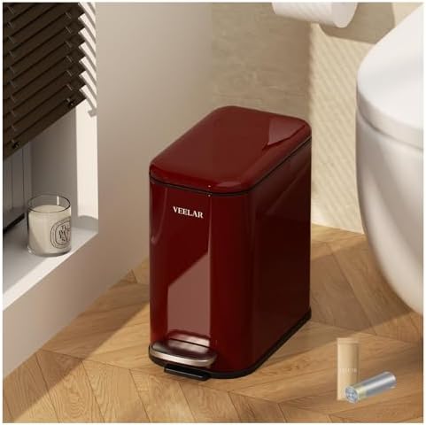 Slim Bathroom Trash Can with Lid, 1.6 Gallon / 6 Liter Stainless Steel Trash Bin, Step Pedal Garbage Cans for Bedroom, Kitchen, Office (Red) by VEELAR