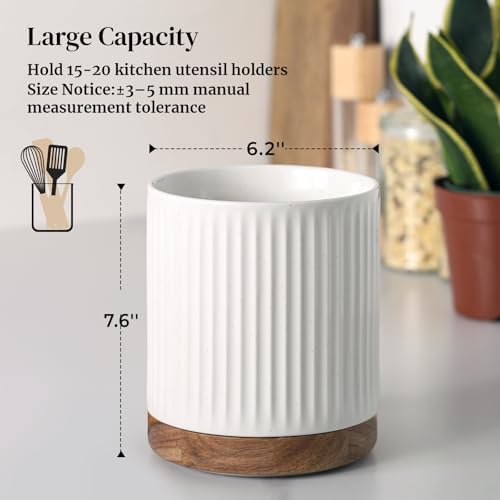 DOWAN 360° Rotating Extra Large Cooking Utensil Holder, 7.6" Kitchen Utensil Holder for Countertop, Utensil Crock for Farmhouse Kitchen Decor, Ceramic Stable Utensil Caddy, White Stripes - Image 2