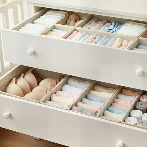 Drawer Organizer Set 4 Pack - Foldable Fabric Storage Bins with Zipper Bottom for Underwear Socks Bras Baby Clothes - Closet Dresser Organizers Dividers for Bedroom Nursery, Beige - Image 5