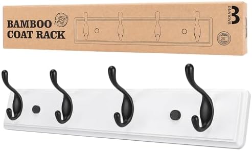 Heavy Duty Wooden Coat Rack, Wall-Mounted, Black Hook White Board, 19 Inch by BADIANO