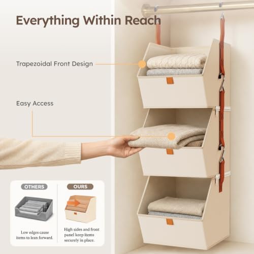 Homsorout Collapsible Hanging Closet Organizer - 3 Tier Closet Shelves Storage System with Hooks, Fabric Hanging Storage Bins for Clothes, Foldable Storage Basket for Laundry, Bedroom, Rv, Beige - Image 5