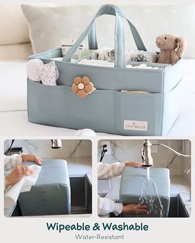 Lily Miles Baby Diaper Caddy Organizer, Wipeable Diaper Organizer Basket with 8 Pockets for Newborn Essentials, Nursery Tote Bag for Changing Table & Car Organization (Willow Green, Large) - Image 2