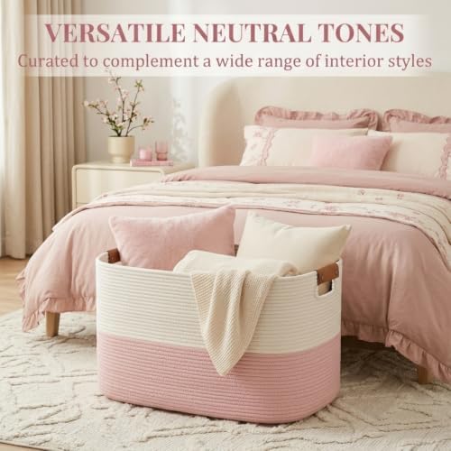 danpinera Large Woven Basket 25’’*16’’*16’’ Rectangle Woven Baskets for Storage, Storage for Living Room, Soft Cotton Rope Basket With Handle, Large Basket for Kids Dog Toys, 108L Pink+White - Image 5