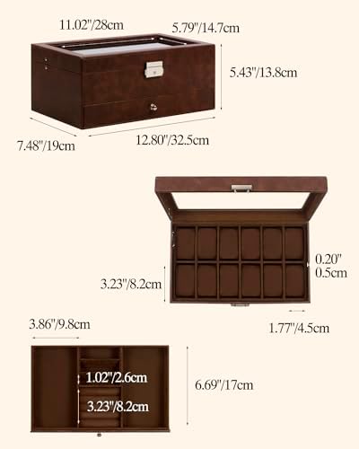 GUKA Watch Box, 12 Slot Watch Case, Watch Cases for men with Real Glass Lid, Synthetic Leather Watch Organizer storage with Jewelry Case, Birthday for Men and Women, Brown - Image 6