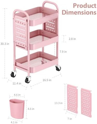 ALVOROG 3 Tier Metal Rolling Utility Cart with Pegboards,Baskets,Hooks,Pink - Image 5