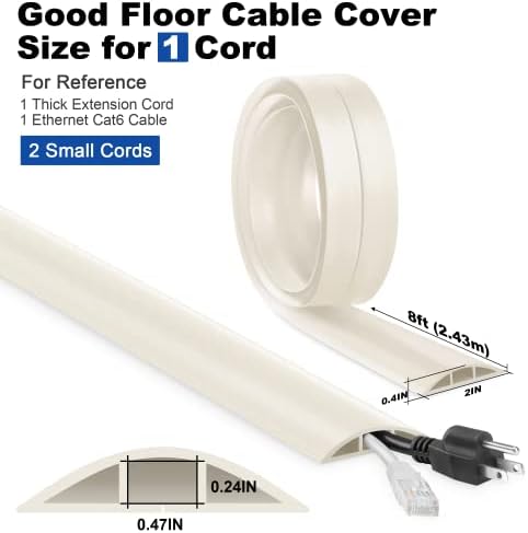 Floor Cable Cover 8FT Beige, Low Profile Wire Cover for Floor, Extension Cord Cover, Cord Cover Floor Protect Wires, Tough Cord Floor Cover, Floor Cable Management Cord Cavity: 0.47" (W) x 0.24" (H) - Image 2