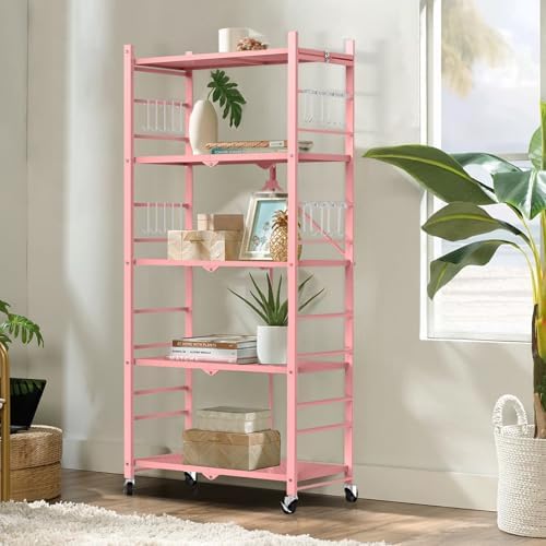 Himix 5-Tier Folding Storage Shelves with 20 Hooks Wheels Home Pink - Image 2