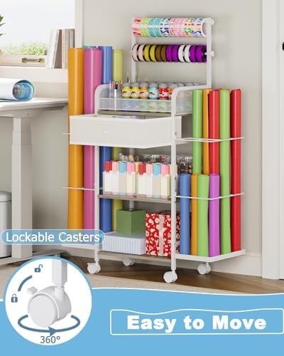 Rsaayekkt Rolling Wrapping Paper Storage Cart with Fabric Drawer White - Image 5