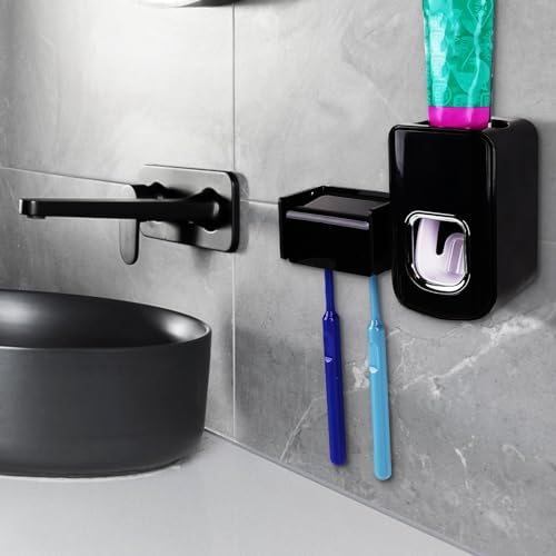 2 Slots Wall Mount Toothbrush Holder with Cover, Self Adhesive Toothbrush Storage Organizer for Shower, Toothbrush Hanger with Automatic Toothpaste Squeezer Dispenser(Black) - Image 4