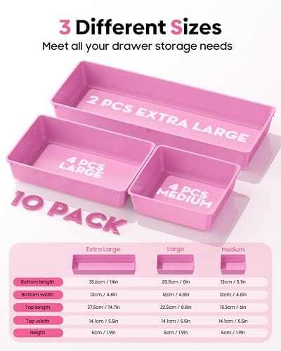 10 Pack Large Size Plastic Drawer Organizers Set, 3 Sizes Desk Drawer Organizer Trays, Storage Bins for Vanity, Makeup, Bathroom, Kitchen Utensils and Office (Pink) - Image 2