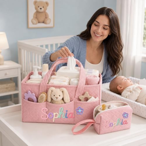 Personalized Diaper Caddy Organizer Baby Basket with Tote Bag Pouch - Image 3