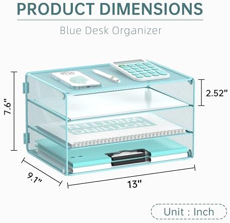 DALTACK 3 Tier Letter Tray Paper Organizer with Sliding Mesh Trays Blue - Image 7