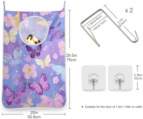 Door Hanging Laundry Hamper Bag with Free Adjustable Stainless Steel Hooks Dirty Clothes Hamper Extra Large Over the Door Laundry Hamper Purple Butterfly 29.5X20inch 1 PCS - Image 3