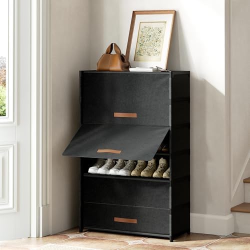 7 Tier Shoe Cabinet with Door, 28-Pair Storage, Black - Image 5