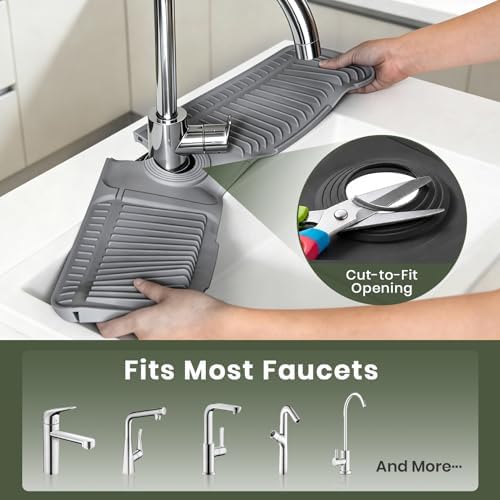2PCS 24 Inch Faucet Mat for Kitchen Sink, Silicone Splash Guard for Kitchen Sink Area, 7° Slope Fast Self-Draining Sink Mat, Cuttable Hole Design, Sink Backsplash Guard Draining Mat, Dark Grey - Image 6