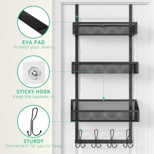 4-Tier Over The Door Hooks Organizer, Over Door Hanger with 12 Coat Hooks & 3 Mesh Baskets, Space-Saving, Rustproof Storage Organizer for Bathroom, Bedroom, Kitchen, Dorm, Black - Image 5