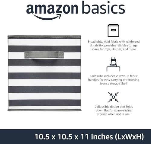 Amazon Basics Collapsible Fabric Storage Bins with Handles, Cube Organizer for Home Organization, White/Light Grey Stripe, 10.5"x10.5"x11" (Pack of 30) - Image 2