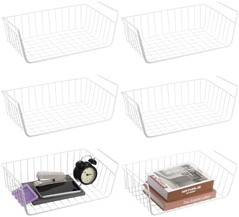 6 Pack Under Shelf Basket, Slide in Wire Hanging Storage Baskets, Slides Under Wire Shelves, Undershelf Hanging Storage Bin Basket for Kitchen, Pantry, Counter, Desk Bookshelf (White) by Unknown