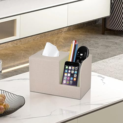 PU Leather Square Tissue Box Cover,Multifunctional Tissue Box Holder,Tissue Box with Storage,Tissue and Remote Control Holder,Tissue Box Decorative Desk Organizer for Home&Office,Beige - Image 5