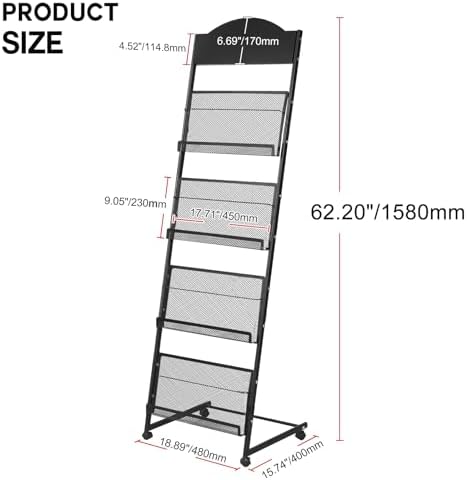 LIWSHWZ Brochure Display Stand,4-Tier Magazine Rack,Floor-Standing Magazine Literature Display Stand with Wheels,High-hardness metal,for Shop Exhibitions Office - Image 6