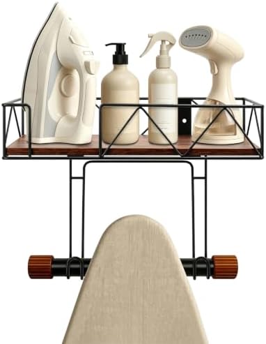 Ironing Board Hanger Wall Mounted, Metal Ironing Board Holder with Wood Shelf, Ironing Board Storage Rack with Hook for Laundry Room, Living Room, Bathroom (Matte Black) by Siyzda