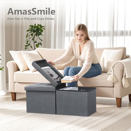 AmasSmile Footrest Ottoman Storage Bench, 34" Linen Folding Chest, Gray - Image 5