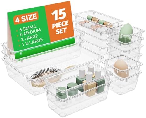 SpaceHacks 15 PCS Plastic Drawer Organizer Set, Drawer Storage Trays by SpaceHacks