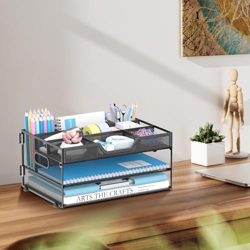 DALTACK 3 Tier Desk Organizer with Pen Holders and Paper Trays, Black - Image 7