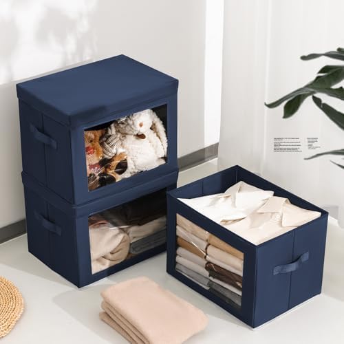 Homsorout Stackable Storage Bins with Lids - Large Storage Box with Lids, Foldable Closet Boxes for Organizing, Wardrobe Clothes Organizer with Window, Cubes Bins for Living Room, 3 Pack, Navy Blue - Image 4