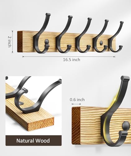 Optish Coat Rack Wall Mount, 16.5 Inches Wood Coat Hooks Wall Mount, Wall Coat Rack with 5 Hooks, Hat Rack Wall Hooks for Hanging Coat, Bag, Towel (1Pack, Natural) - Image 7