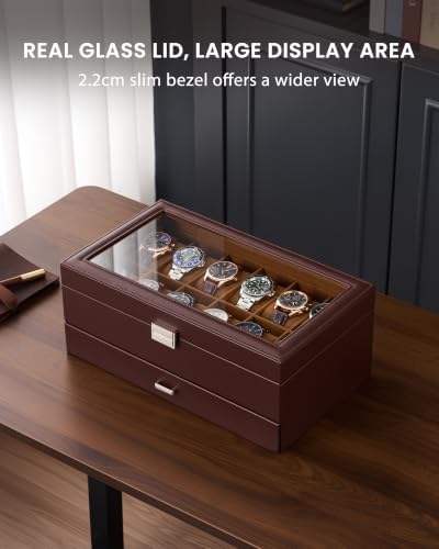 Lolalet Watch Case for Men, 12 Slot Mens Jewelry Box with Drawer Glass Lid - Image 3