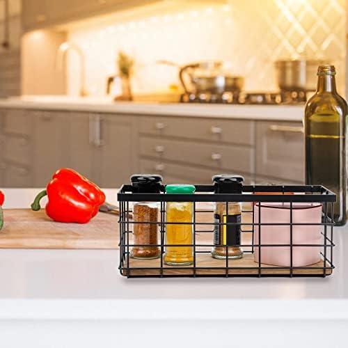 TIEYIPIN Farmhouse Small Metal Wire Storage Basket Bin, Rustic Home Storage Organizer with Wooden Bottom for Kitchen, Cabinets, Bathroom Counter, Pantry, Garage, Laundry Room - Black (4 Pack) - Image 3
