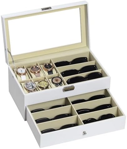 AUTOARK Leather 6 Watch Box & 9 Eyeglasses Storage Case,White,AW-131 by AUTOARK