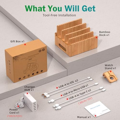 Pezin & Hulin Bamboo Charging Station with USB Charger,5Cables-Natural - Image 4