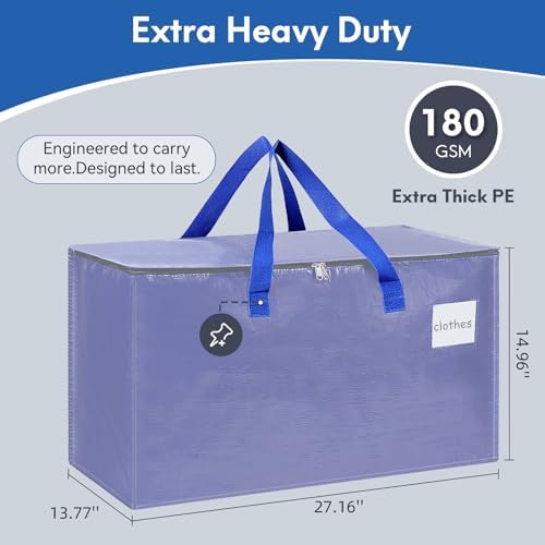 2-Pack Extra-Large Heavy-Duty Storage Totes with Reinforced Handles, Durable Zippers & Waterproof Material — Perfect for Space-Saving, Moving, Shipping and Travel (BlUE) - Image 2
