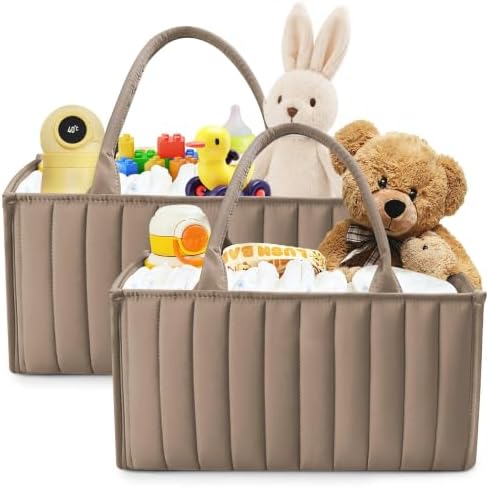 SWEET DOLPHIN 2-Pack Quilted Diaper Caddy Organizer – Premium Puffer Style Nursery Storage Bins – Water-Resistant & Wipeable Changing Table Organizer – Trendy Tote for Home & Car Travel - Mocha Brown by SWEET+DOLPHIN