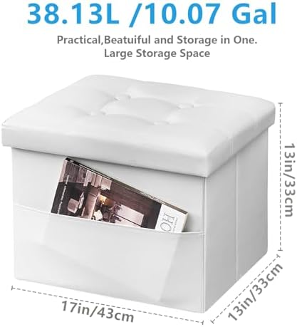 AmasSmile Ottoman with Storage,17" Folding Leather Foot Rest Chest,White - Image 3