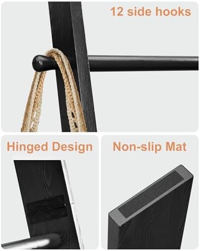 TEAKMAMA 6-Tier 5.4ft Blanket Ladder with Hanging Knobs Black - Image 4