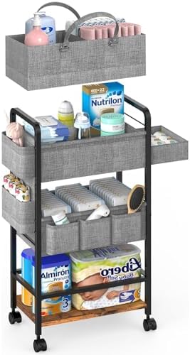 LIDTOP 2In1 Baby Diaper Caddy & 4-Tier Rolling Diaper Cart, Diaper Caddy Organizer Cart with Dividers & Drawer, Mobile Metal Bedside Cart for Nursery Essentials Storage, Large Capacity by LIDTOP