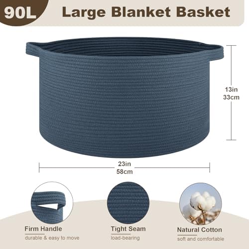OIAHOMY 90L Extra Large Blanket Basket - Decorative Cotton Rope Storage Basket for Bedroom, Living Room & Nursery - Woven Laundry Hamper for Organizing Blankets, Clothes & Toys - Blue - Image 2