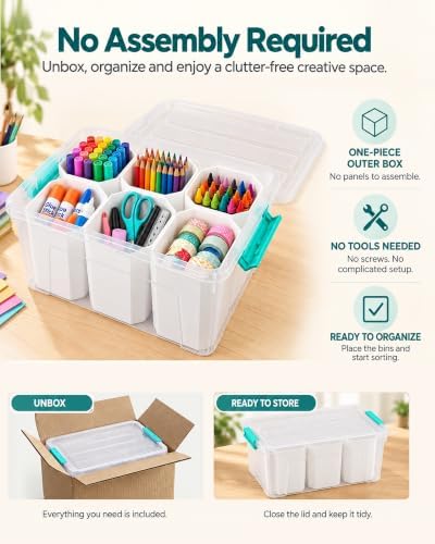 EOENVIVS Clear Storage Boxes with 6 Tall Inserts, Large Plastic Organizer Box with Lid and Handles, 15.94x11.61x7.28 Inches, Multi-Functional Container for Cosmetics, Toys, School Supplies - Image 2
