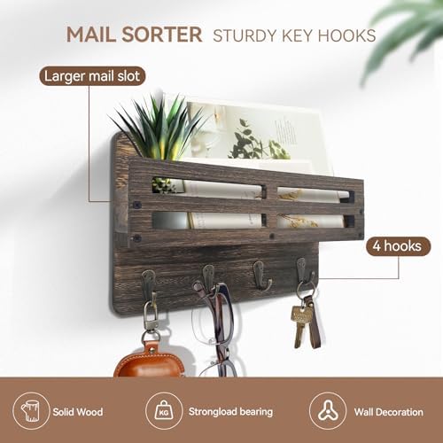Key Holder Wall Mount Farmhouse Key Hooks for Wall with Mail Organizer Decorative Key Rack with 4 Sturdy Hooks for Dog Leash, Sunglasses, Rustic, Paulownia Key Hanger for Entryway, Brown - Image 4