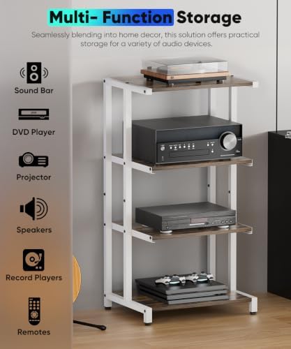4-Tier Wooden Media Stand, AV Media Stand Corner Shelf for TV Accessories/Audiovisual Equipment/Optical Disc/PS4, Audio Storage Rack for Living Room, Gaming Room, Music Studio, White - Image 5