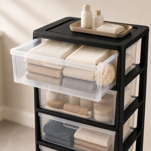 4 Drawer Storage Organizer, 4-Tier Wide Clear Plastic Drawer Storage(Black) - Image 3