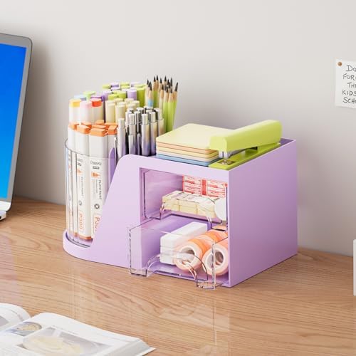 Marbrasse Desk Organizer with 2 Drawer, 360°Rotating Pen Holder, Desk Organizers and Accessories with 6 Slots Pencil Holder + 2 Drawer, Art Supply Storage Box Caddy for Office (Purple) - Image 4