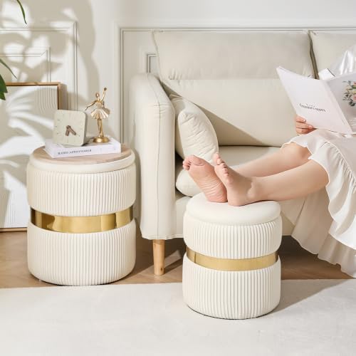 Round Ottoman with Storage Set of 2 White Velvet Vanity Stool - Image 3