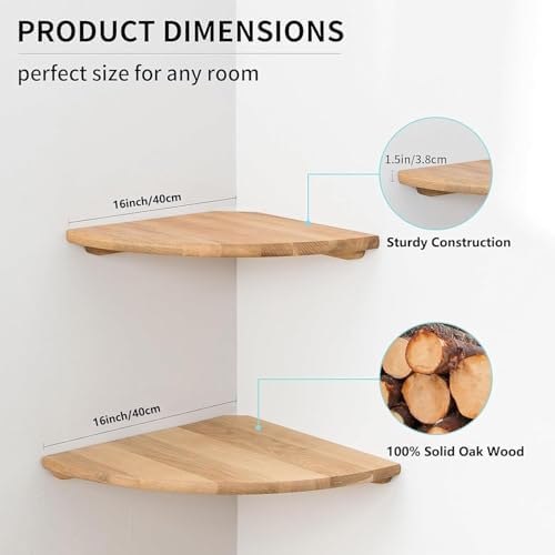 Corner Shelves, Floating Corner Shelf, Set of 2 16inch Solid Oak Wood Wall Shelves, Round End Wall Mount Display Shelf with Wire Hole for Bedroom Kitchen, Living Room (Oak, 16in 2P) - Image 6